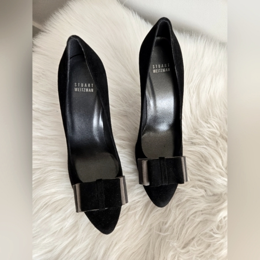 Stuart Weitzman black suede platform heals with bows, 4.5 inch heel, size 9